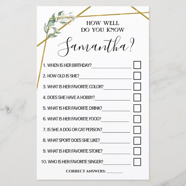 How well do you know bilingual bridal shower game (Front)