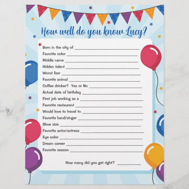 How Well Do You Know...? Birthday Game Activity Flyer (Front)
