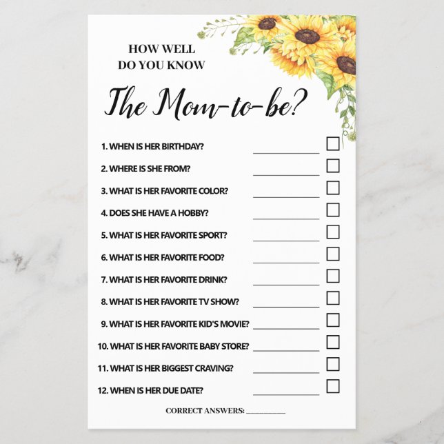 How Well Do You Know Mom Baby Shower Game Card (Front)