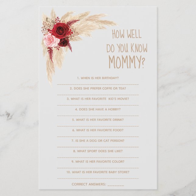  How Well Do You Know Mum Baby Shower Game Card (Front)