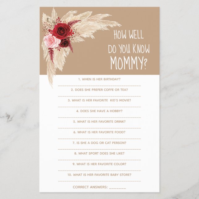  How Well Do You Know Mum Baby Shower Game Card Fl (Front)