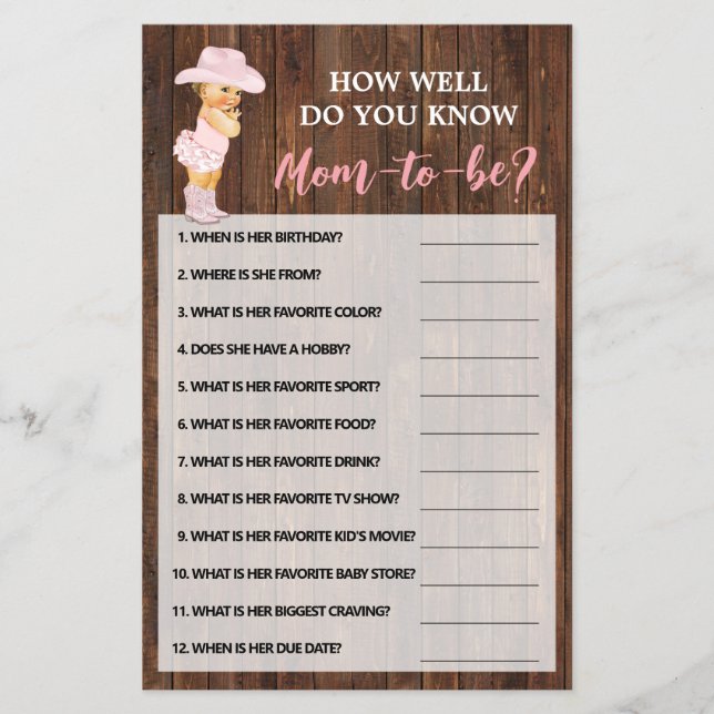 How Well Do You Know Mum Cowgirl Shower Game Card (Front)
