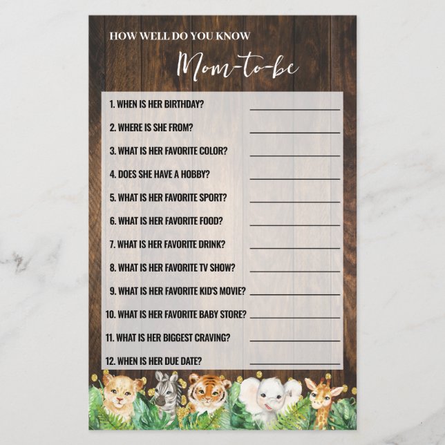 How Well Do You Know Mum Safari Baby Shower Game Flyer (Front)