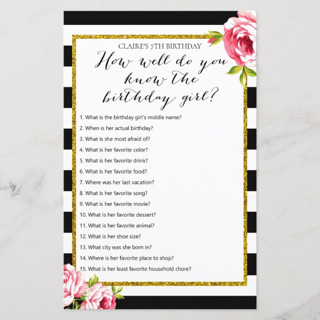 How well do you know the birthday girl Game (Front)