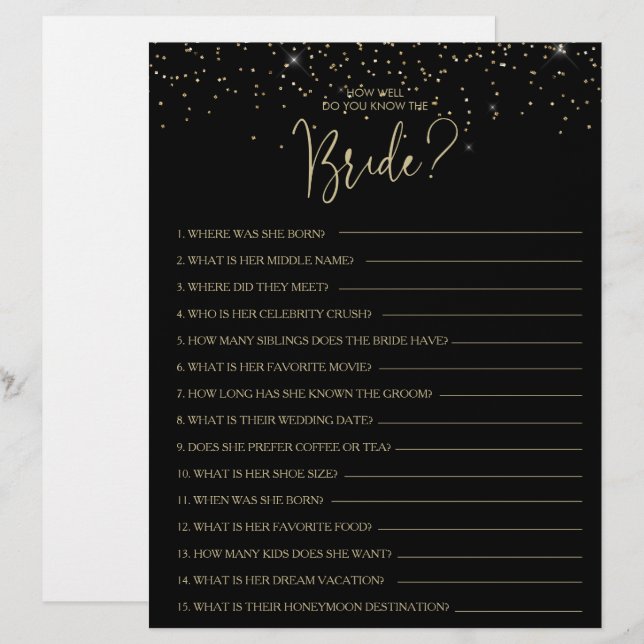 How Well Do You Know the Bride Bridal Shower Game (Front/Back)