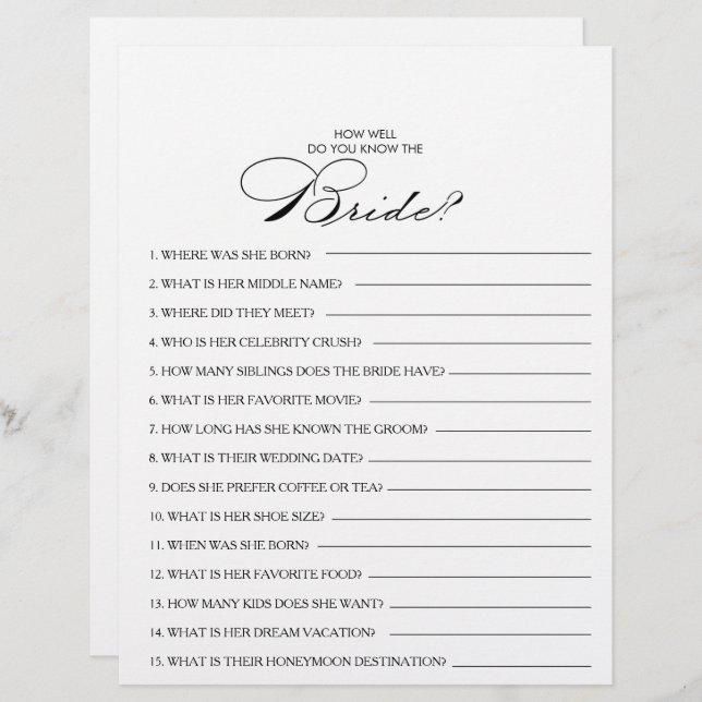 How Well Do You Know the Bride Bridal Shower Game (Front/Back)