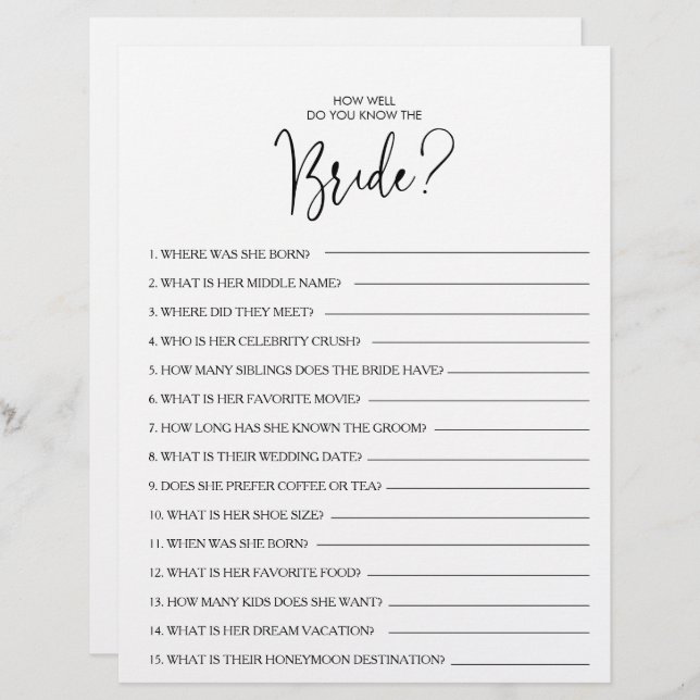 How Well Do You Know the Bride Bridal Shower Game (Front/Back)