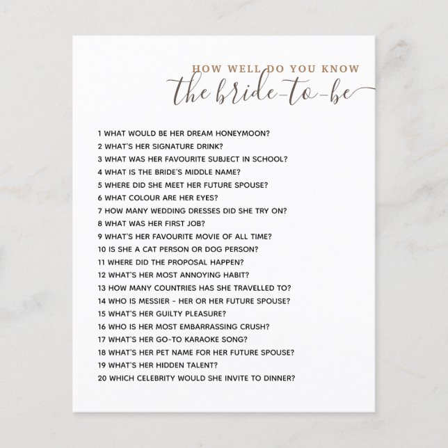 How Well Do you Know The Bride Bridal Shower Game (Front)