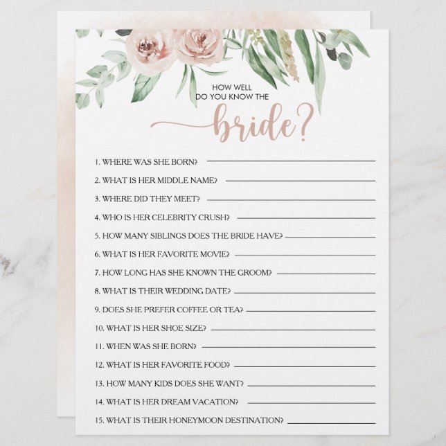 How Well Do You Know the Bride Bridal Shower Game (Front/Back)