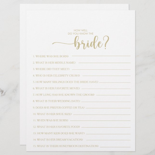 How Well Do You Know the Bride Bridal Shower Game (Front/Back)