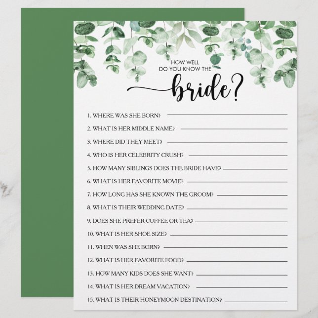 How Well Do You Know the Bride Bridal Shower Game (Front/Back)