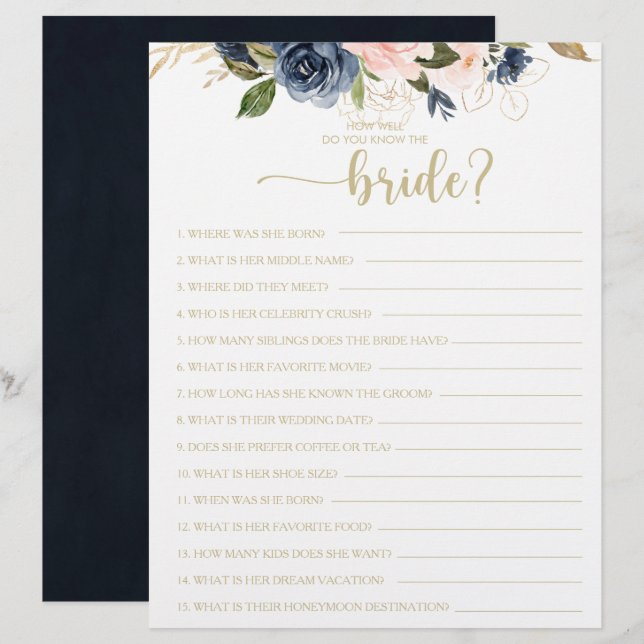 How Well Do You Know the Bride Bridal Shower Game (Front/Back)
