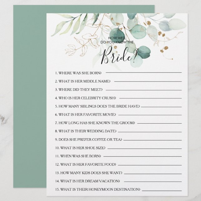 How Well Do You Know the Bride Bridal Shower Game (Front/Back)