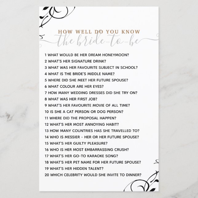 How Well Do you Know The Bride Bridal Shower Game (Front)