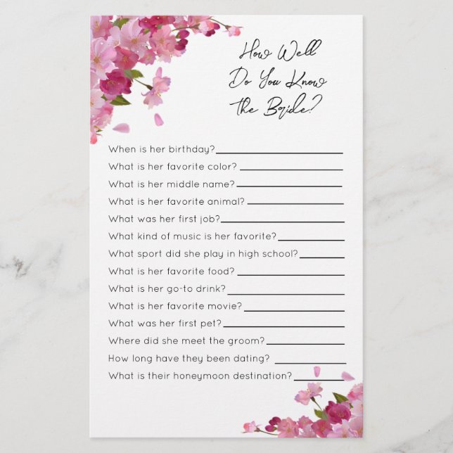 How Well Do You Know The Bride- Bridal Shower Game (Front)