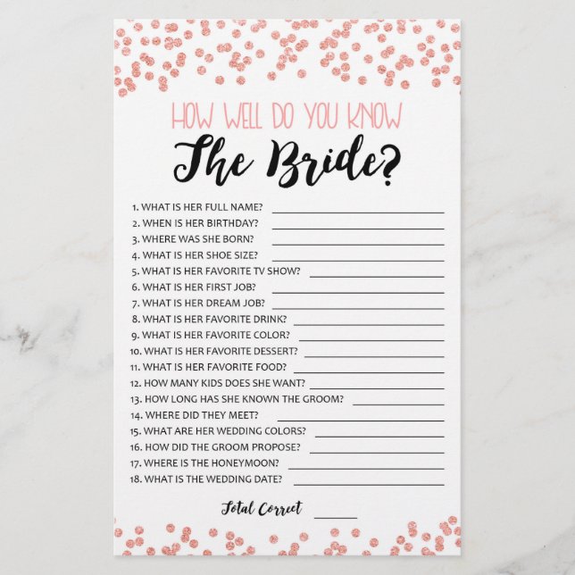 How well do you know the Bride Bridal Shower game (Front)