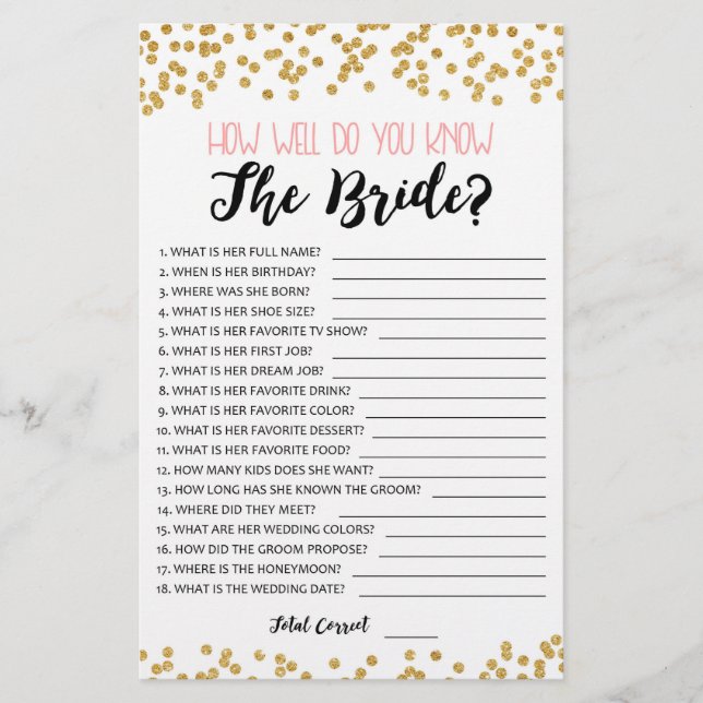 How well do you know the Bride Bridal Shower game (Front)