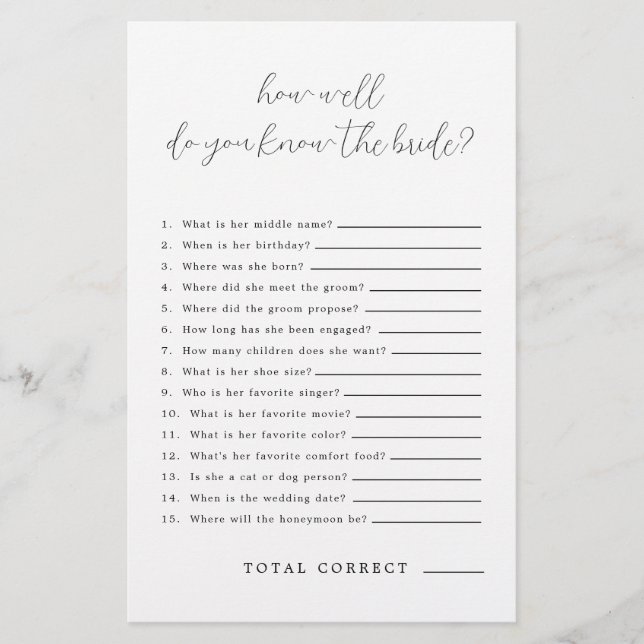 How Well Do You Know The Bride Bridal Shower Game (Front)