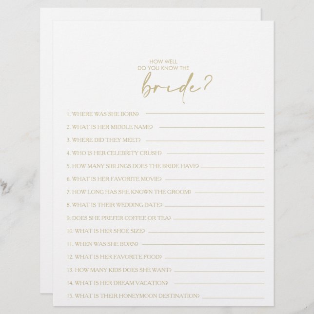 How Well Do You Know the Bride Bridal Shower Game (Front/Back)