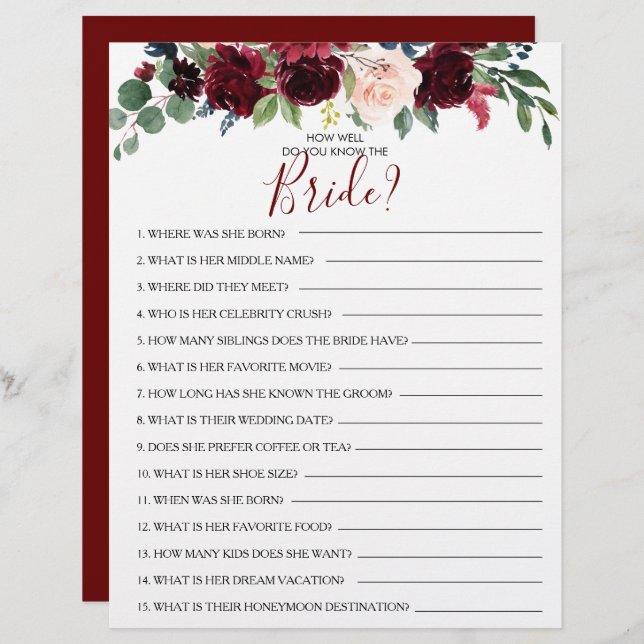 How Well Do You Know the Bride Bridal Shower Game (Front/Back)