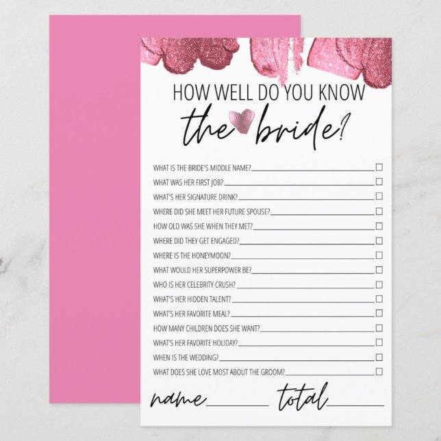 How Well Do You Know the Bride Bridal Shower Pink (Front/Back)