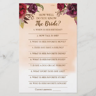 How Well Do You Know The Bride Burgundy Game Card