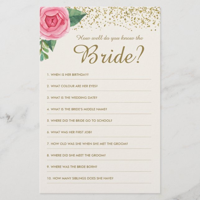 How well do you know the Bride Game (Front)