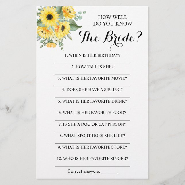 How Well Do You Know The Bride Game Card (Front)