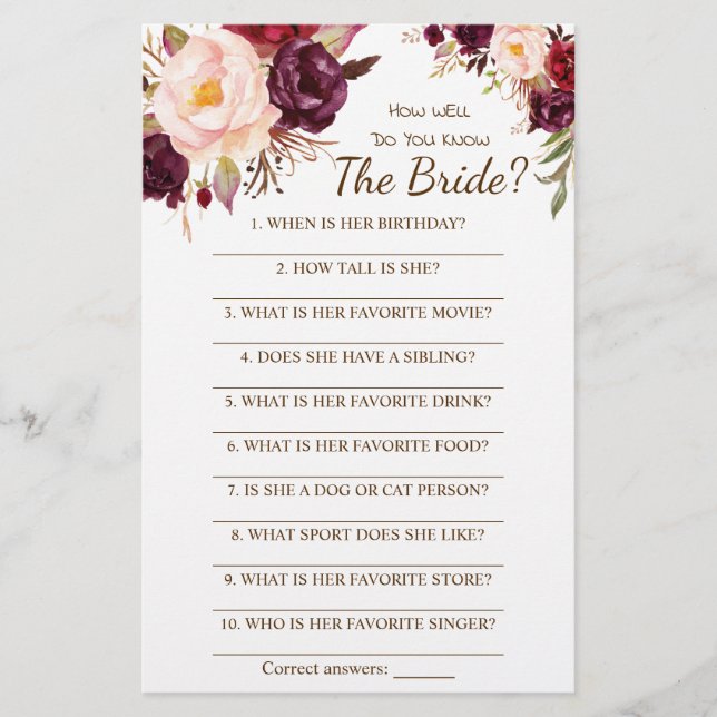 How Well Do You Know The Bride Game Card (Front)