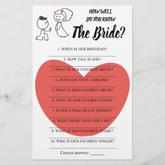 How Well Do You Know The Bride Game Card (Front)
