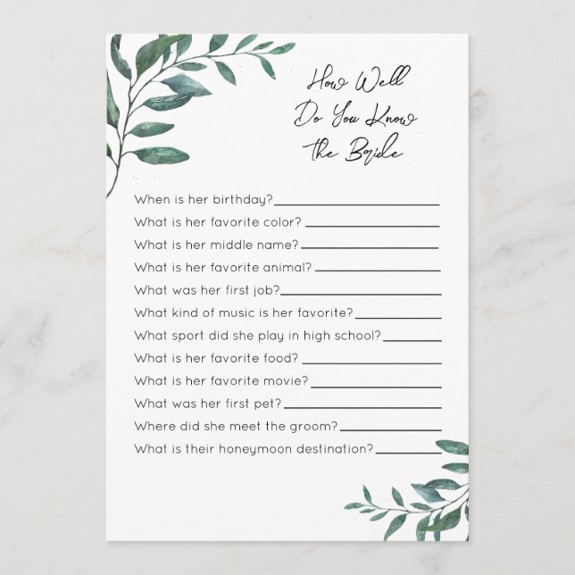 How Well Do You Know The Bride Game - Eucalyptus Programme (Front)