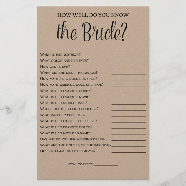 How Well Do You Know the Bride Kraft Shower Game Flyer (Front)