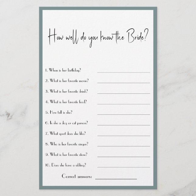 How well do you know the Bride? Shower Game Flyer (Front)