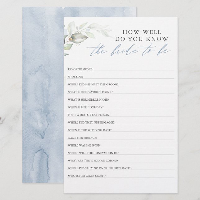 How Well Do You Know The Bride To Be Bridal Shower (Front/Back)