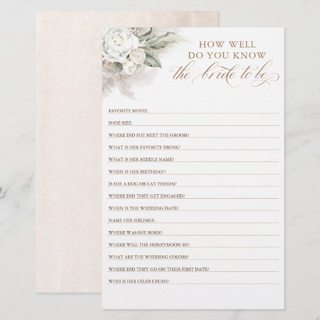 How Well Do You Know The Bride To Be Bridal Shower (Front/Back)