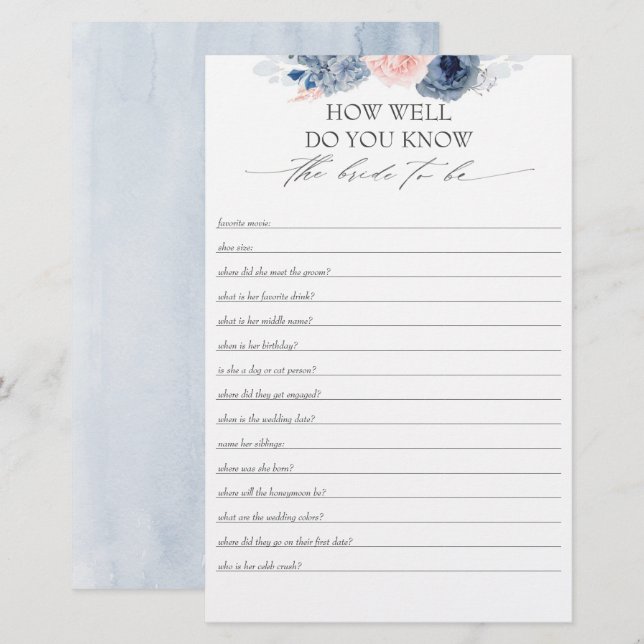 How Well Do You Know The Bride To Be Bridal Shower (Front/Back)