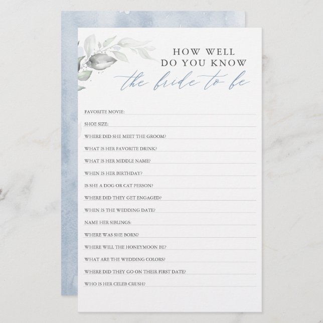 How Well Do You Know The Bride To Be Bridal Shower (Front/Back)