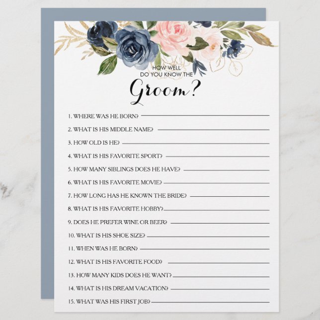 How Well Do You Know the Groom Bridal Shower Game (Front/Back)