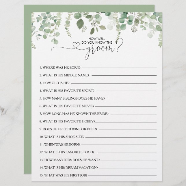 How Well Do You Know the Groom Bridal Shower Game (Front/Back)