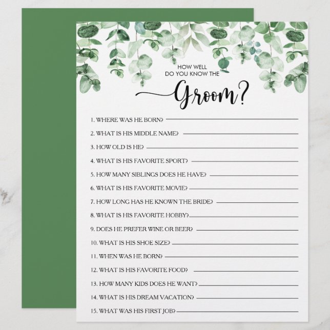 How Well Do You Know the Groom Bridal Shower Game (Front/Back)