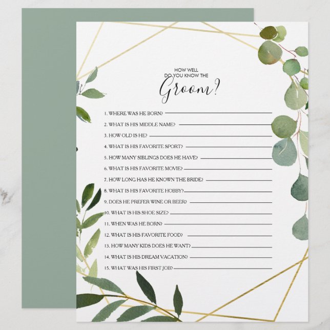 How Well Do You Know the Groom Bridal Shower Game (Front/Back)
