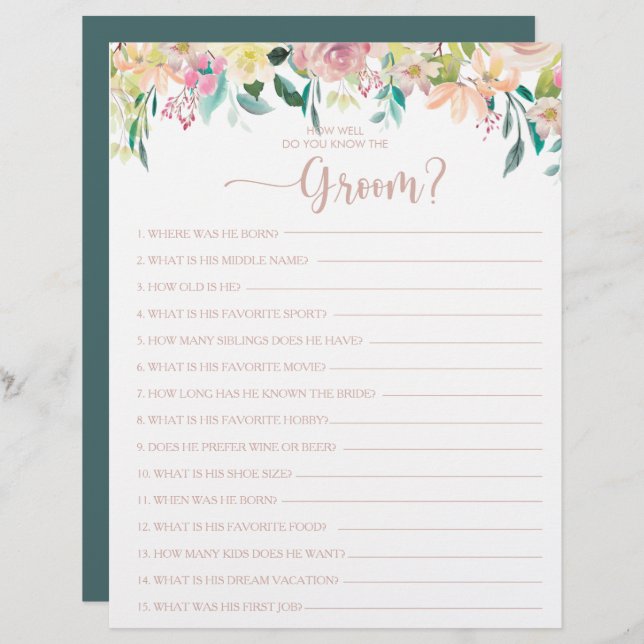 How Well Do You Know the Groom Bridal Shower Game (Front/Back)