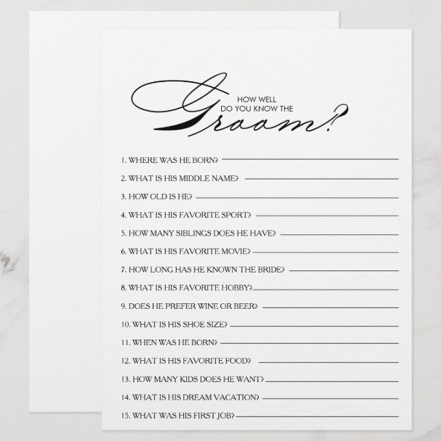 How Well Do You Know the Groom Bridal Shower Game (Front/Back)
