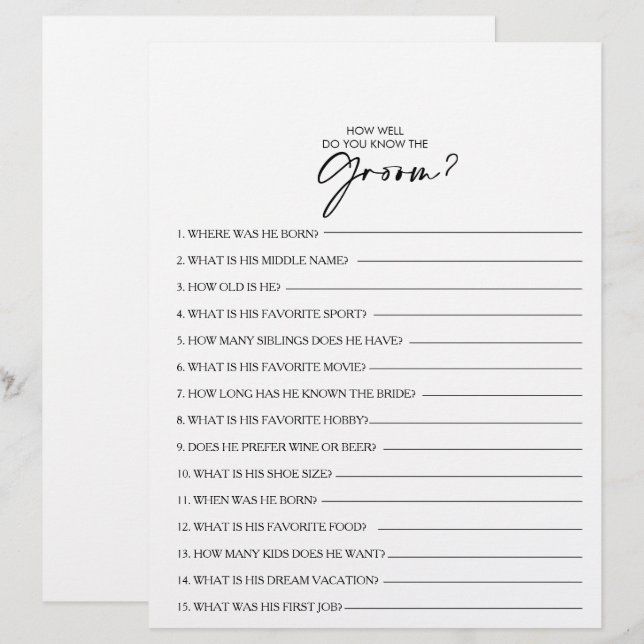 How Well Do You Know the Groom Bridal Shower Game (Front/Back)