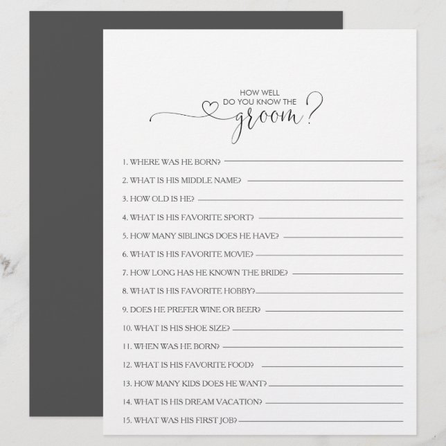 How Well Do You Know the Groom Bridal Shower Game (Front/Back)