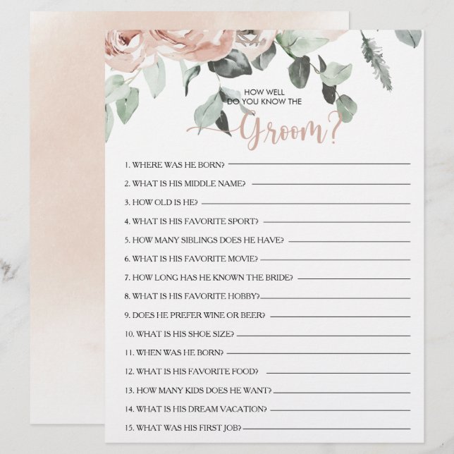 How Well Do You Know the Groom Bridal Shower Game (Front/Back)