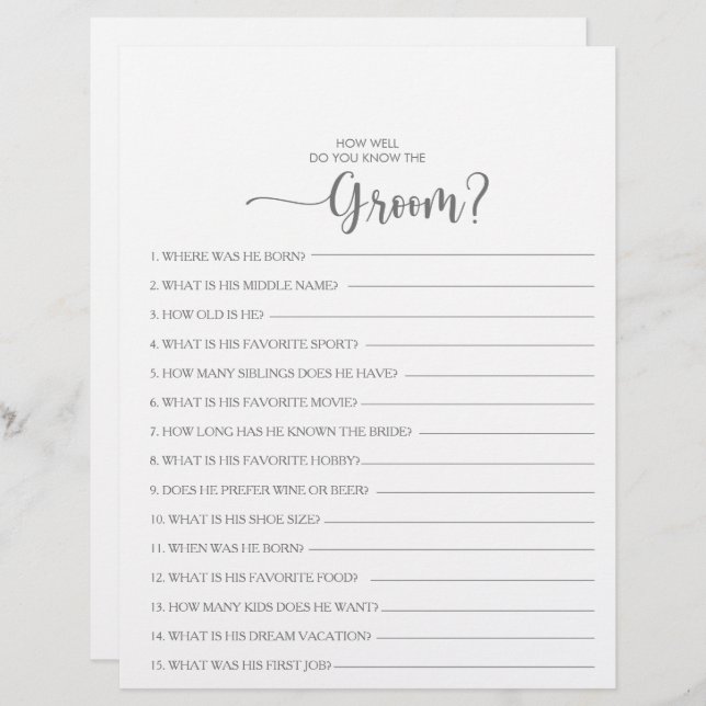 How Well Do You Know the Groom Bridal Shower Game (Front/Back)