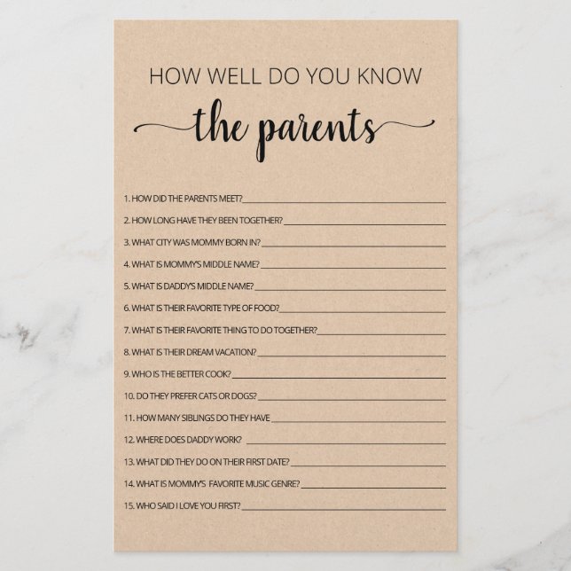 How well do you know the Parents party game (Front)