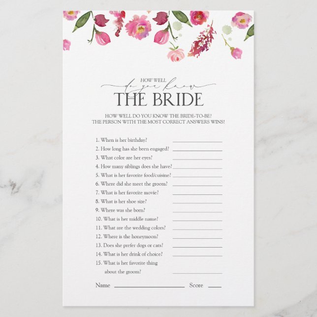 How Well Do You The Bride Pink Bridal Shower Game (Front)