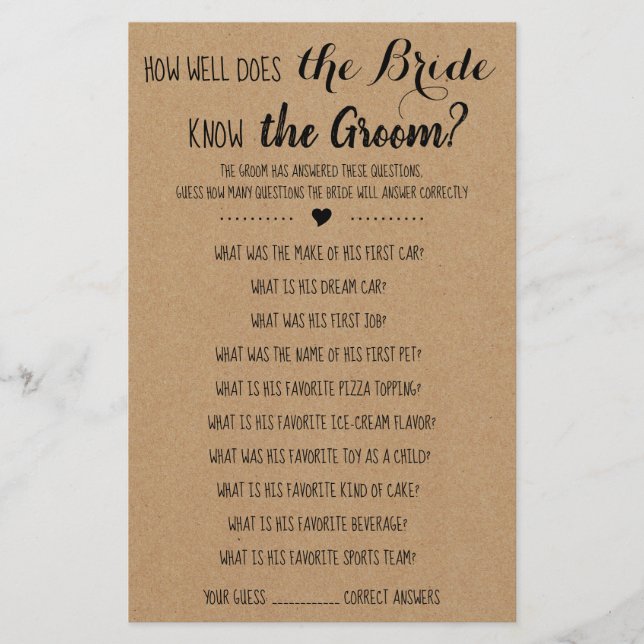 How Well Does The Bride Know The Groom Game Card (Front)